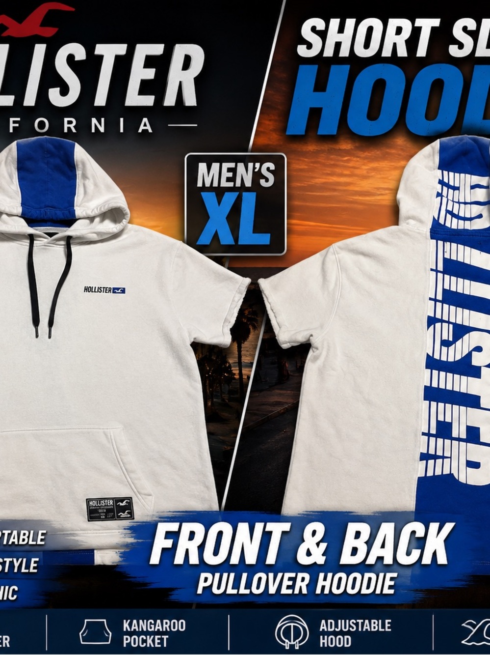 Hollister White Short-Sleeve Pullover Hoodie with Blue Accents